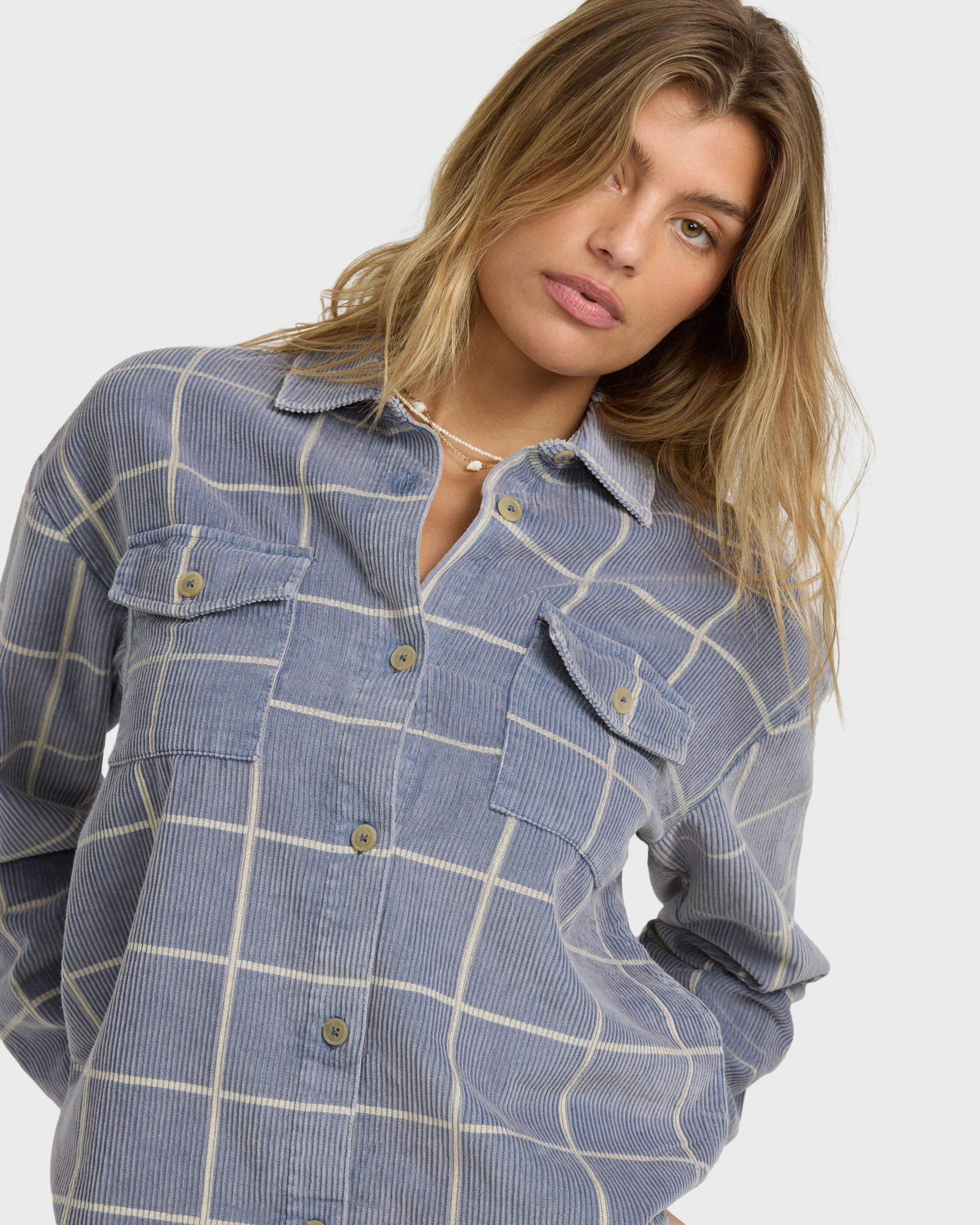 Fadeaway Long Sleeve Cord Shacket - Stone Blue - Image 2