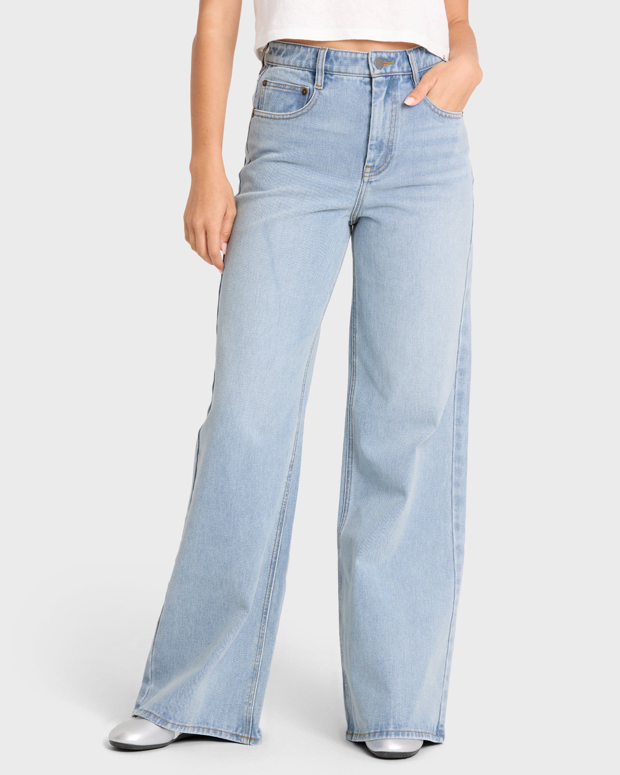 Free Fall High Waisted Flare Jeans - Light Wash - Image 5