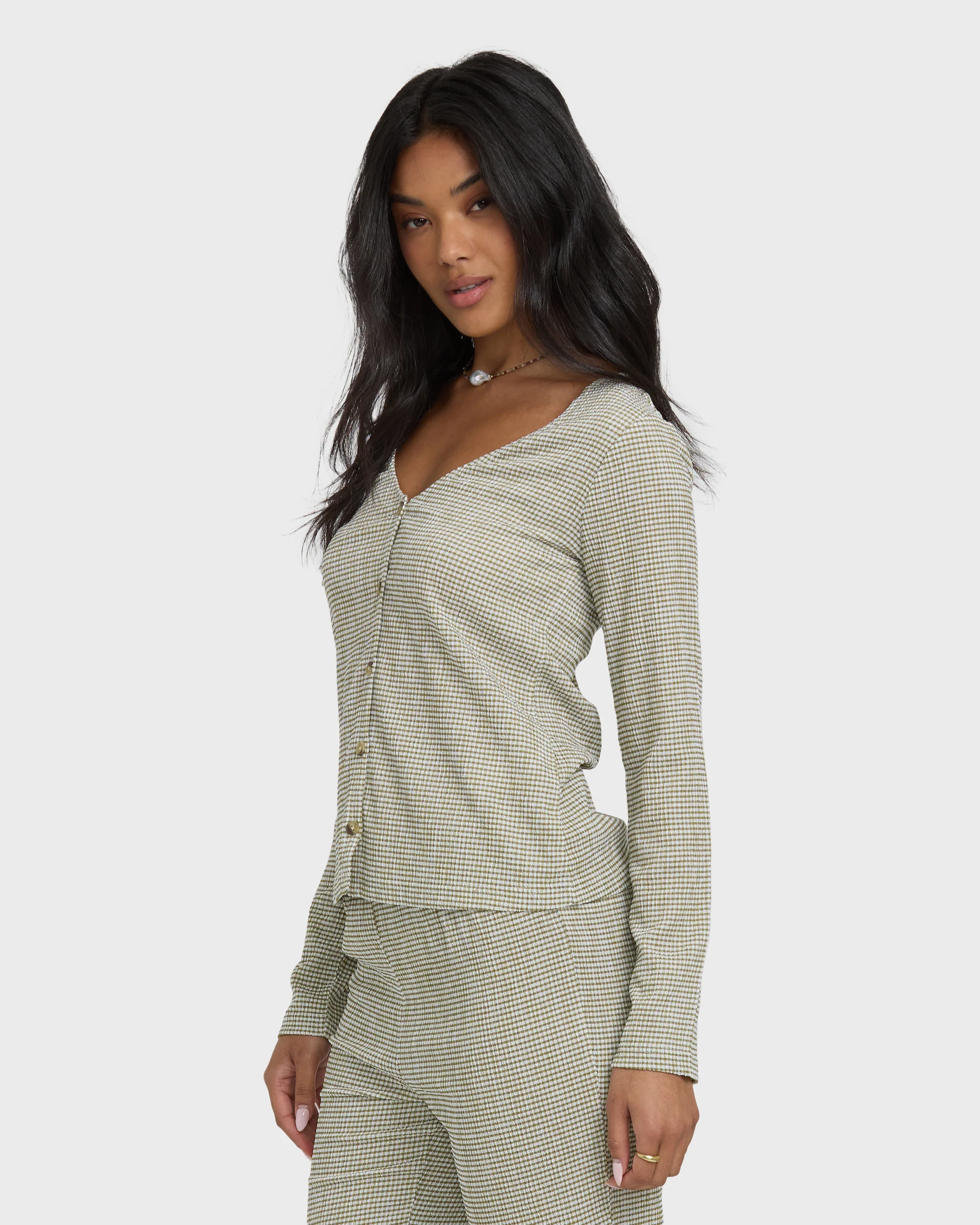Hot Check Long Sleeve Knit Top - Martini Olive - Image 5