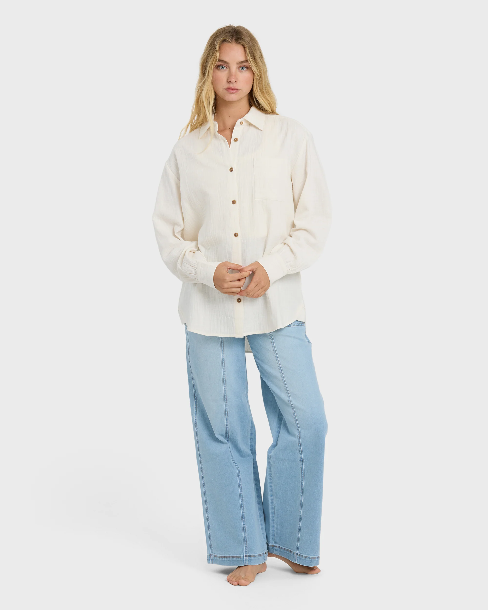 Wanderer Solid Long Sleeve Woven Shirt - Salt Crystal - Image 3